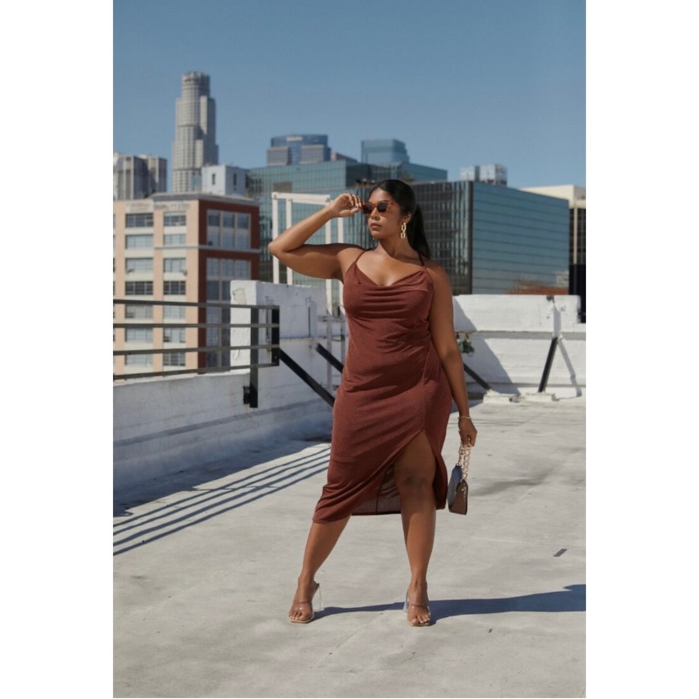 Brown plus size cow neck midi dress left knee slit
